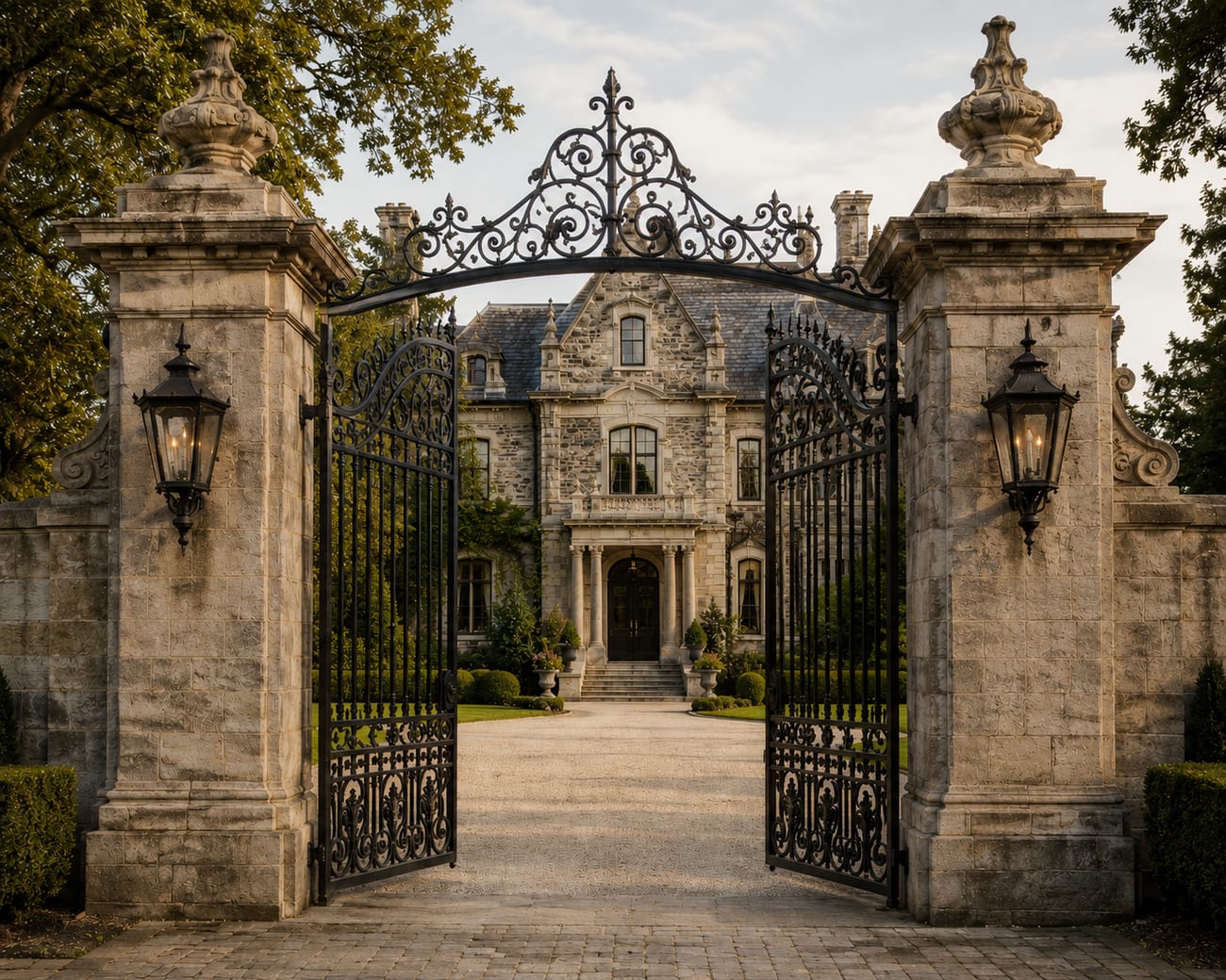Grand period estate at dusk: ornate wrought-iron gates open between tall carved stone piers with lanterns, a gravel drive leading to a Gothic-Revival stone mansion