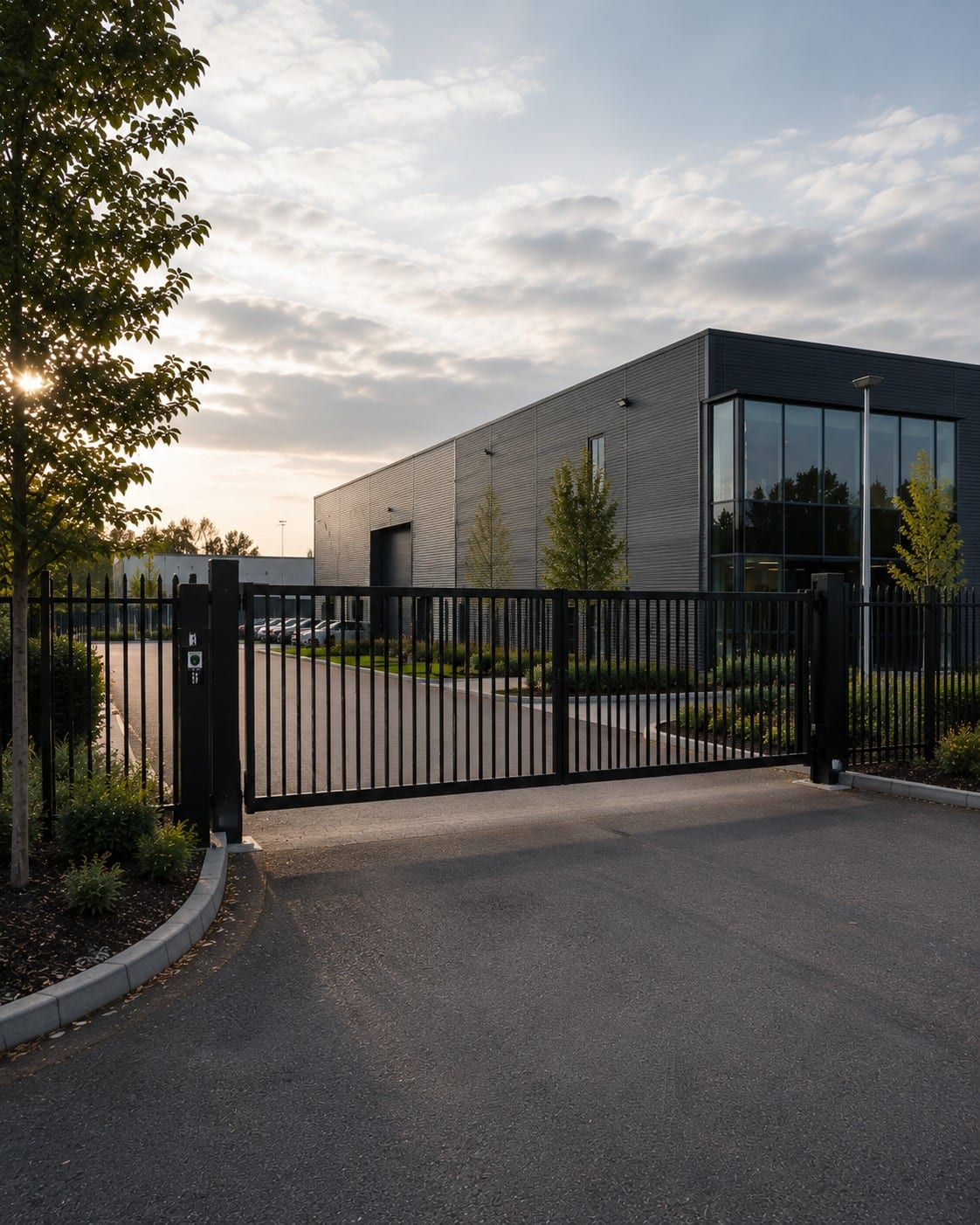 Business park entrance at dusk: black steel sliding gate, modern grey-clad warehouse, mature trees and planted forecourt