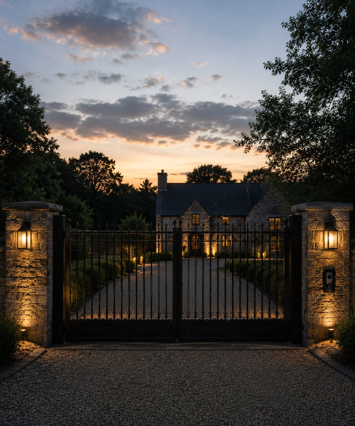 Premium country home at dusk: wrought iron gates between lit natural stone piers, gravel drive sweeping to a stone cottage under a sunset sky